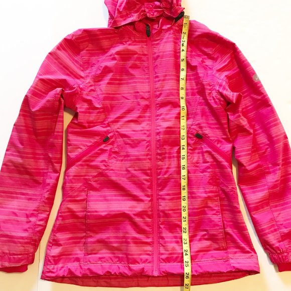 ASICS Storm Shelter Cosmo Pink Striped Hooded Rain Jacket Womens Medium - Picture 9 of 11
